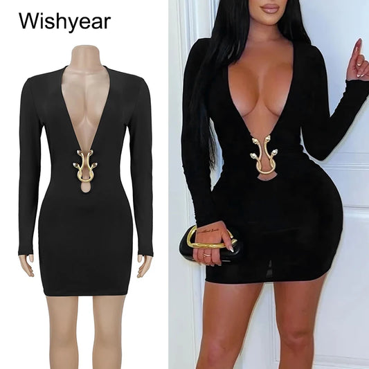 Wishyear Deep V-Neck Metal Buckle Detail Long Sleeve Slim Short Dresses for Woman Sexy Bodycon Night Club Birthday Black Dress