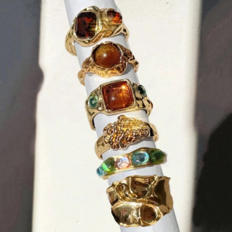 6Pcs Irregular Textured Ring Set For Women Gold Plated Tiger Eye Inlaid Vintage Carved Wave Finger Rings Party Jewelry Gift 2026
