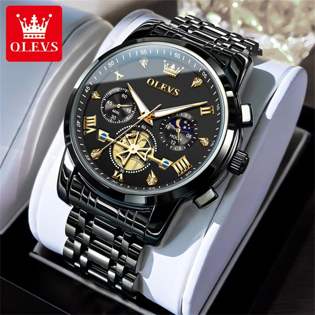 OLEVS Men's Watches Trend Fashion Stainless Steel Flywheel Chronograph Moon Phase Waterproof Original Brand Quartz Watch for Man