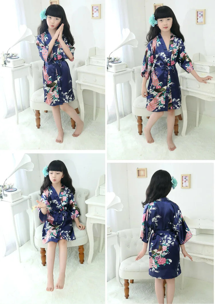 Satin Yukata Short Sleepwear Child Bathrobe Girl Peacock Print Japanese Kimono Loose Summer Spring New Loungewear Nightwear