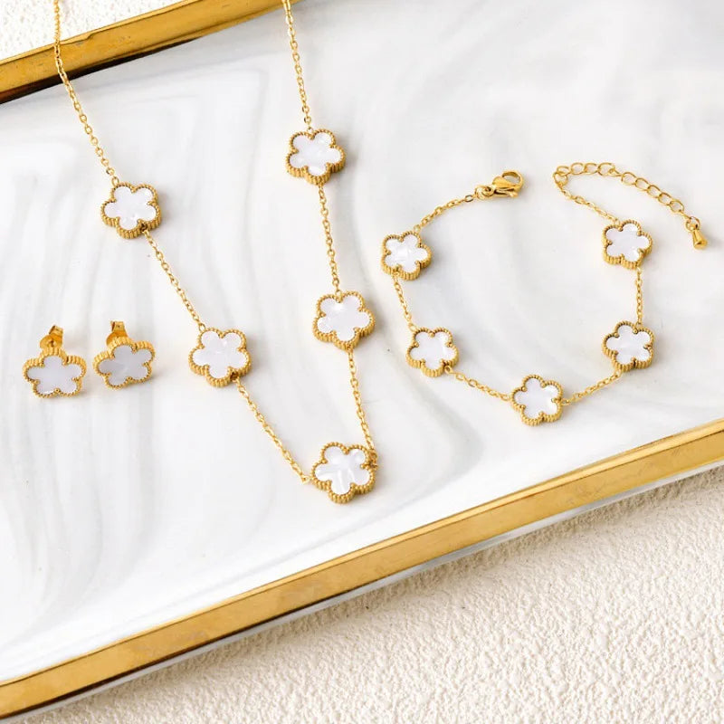 Five Flower Pattern Bracelet Necklace Earrings 18K Gold Plated Stainless Steel Adjustable For Women Daily Wear Jewelry Clover