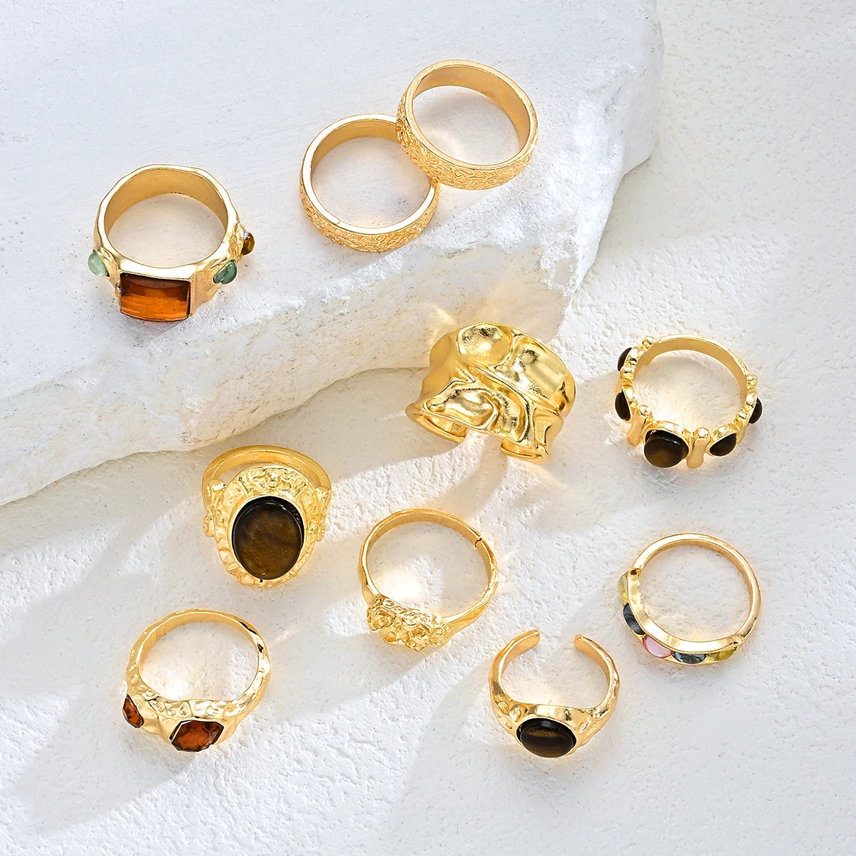 6Pcs Irregular Textured Ring Set For Women Gold Plated Tiger Eye Inlaid Vintage Carved Wave Finger Rings Party Jewelry Gift 2026