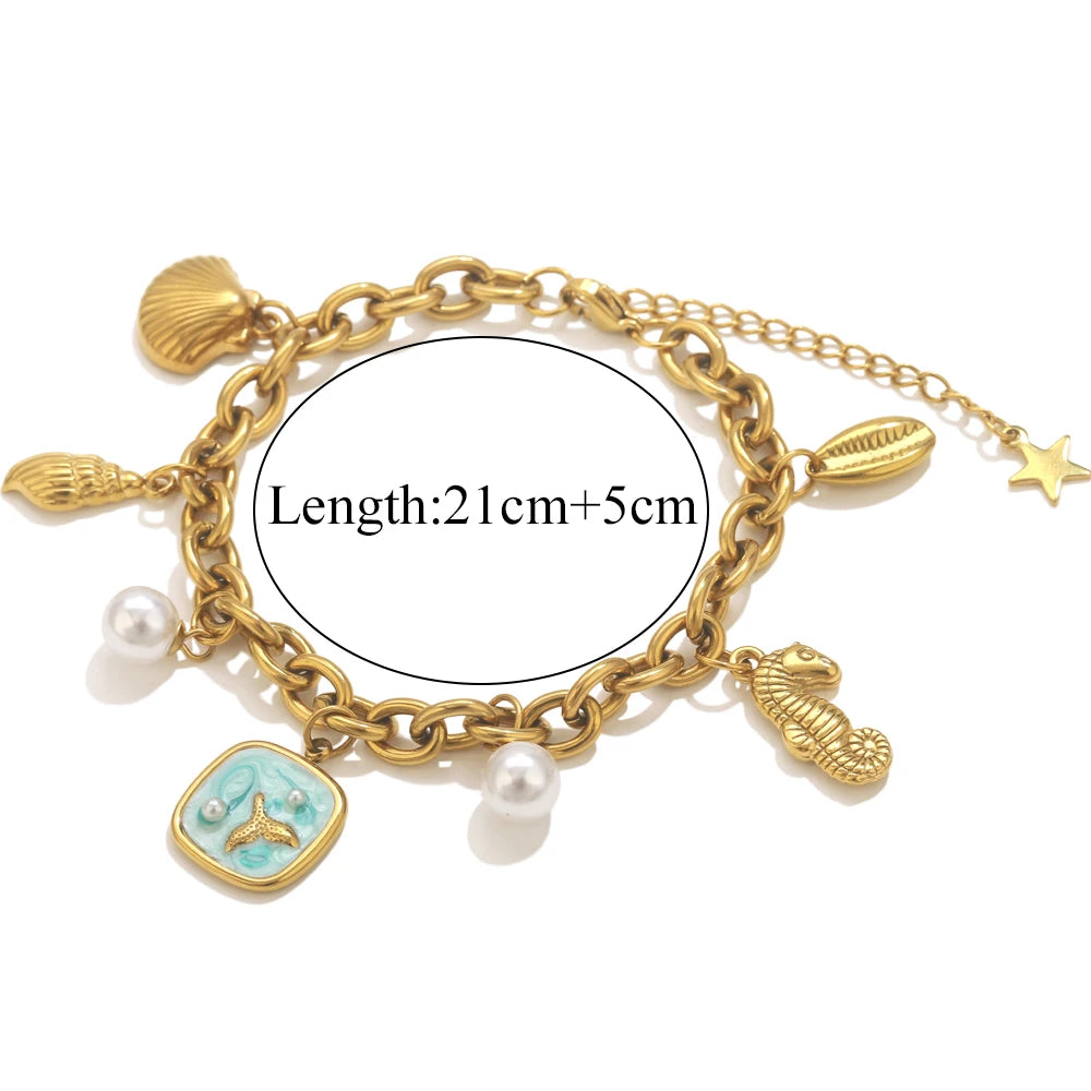 GIOIO Stainless Steel Starfish Seashell Bracelet Gold-Plated Pendant Bracelets For Women Jewelry Waterproof Trendy Jewelry Gift