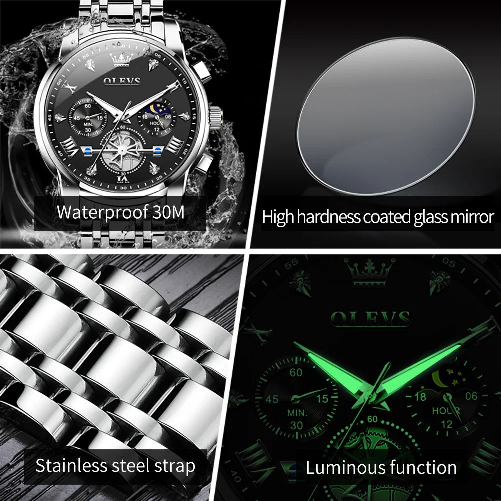 OLEVS Men's Watches Trend Fashion Stainless Steel Flywheel Chronograph Moon Phase Waterproof Original Brand Quartz Watch for Man