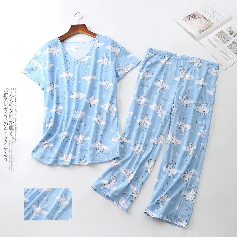 Pajama Sets for Women Summer Short Sleeve Plus Size Lightweight Sleepwear Suit Cute Fresh Homewear 2pcs Suits