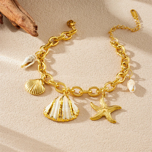LAMENGLY 316L Stainless Steel Exquisite Marine Animals Conch Starfish Shell Charm Bracelet Women Beach Vacation Wrist Chain Gift