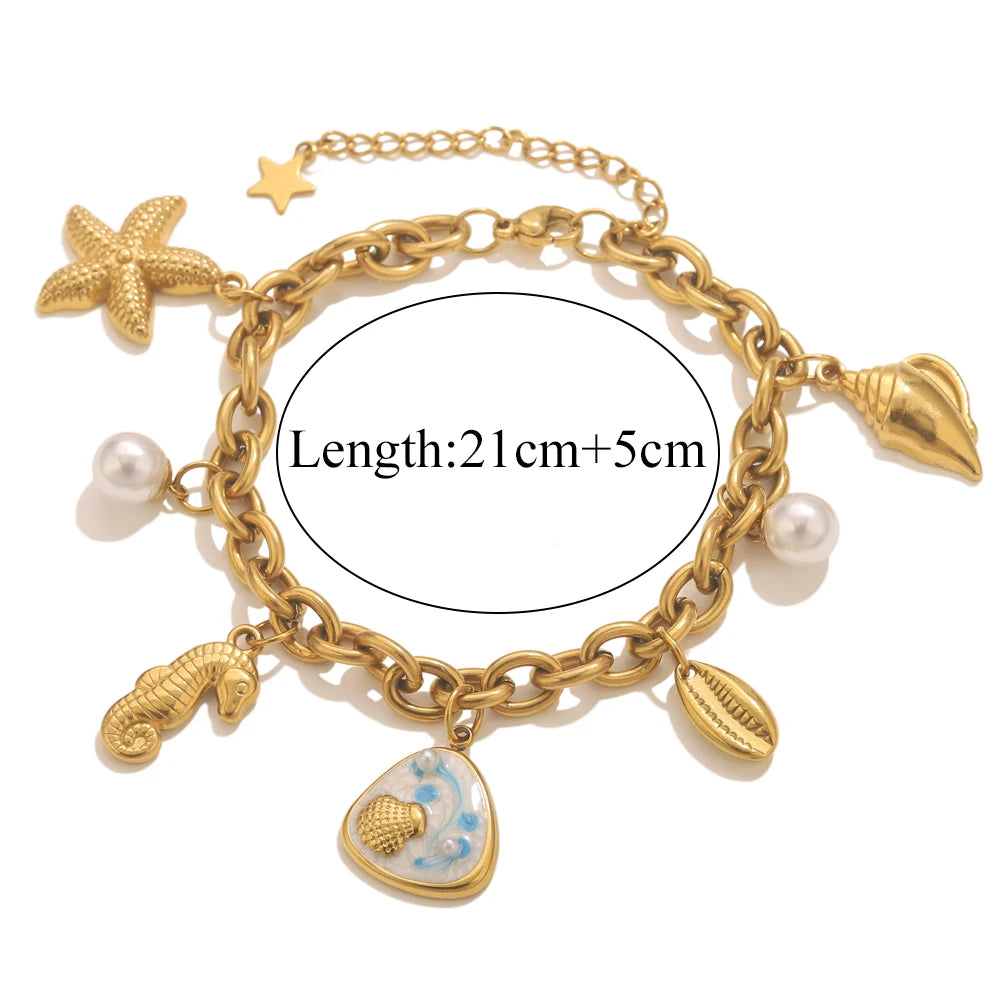 GIOIO Stainless Steel Starfish Seashell Bracelet Gold-Plated Pendant Bracelets For Women Jewelry Waterproof Trendy Jewelry Gift