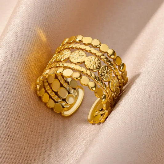 316L Stainless Steel Rings for Women Gold Color Multilayer Geometric Open Ring Vintage Waterproof Wedding Aesthetic Jewelry Gift