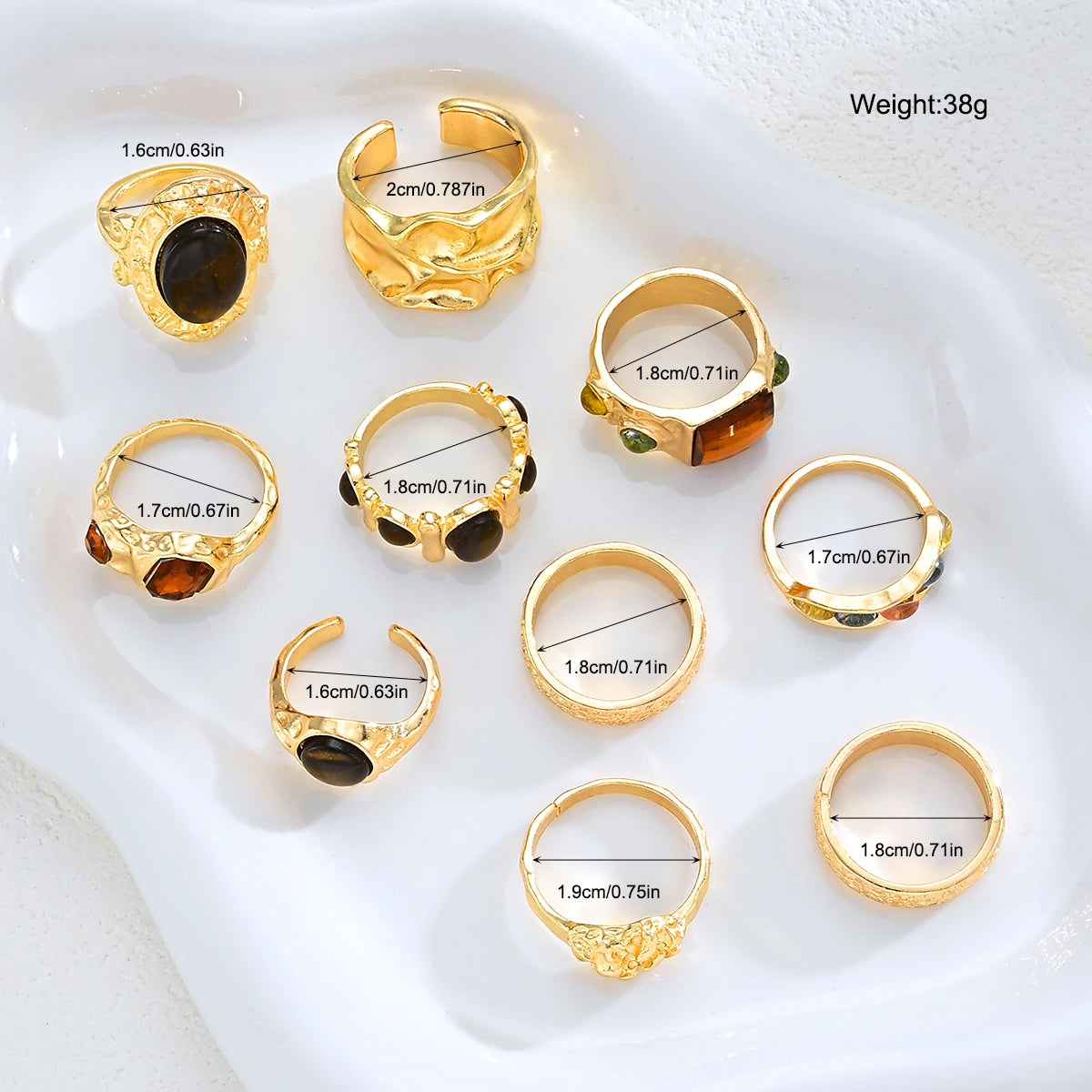 6Pcs Irregular Textured Ring Set For Women Gold Plated Tiger Eye Inlaid Vintage Carved Wave Finger Rings Party Jewelry Gift 2026