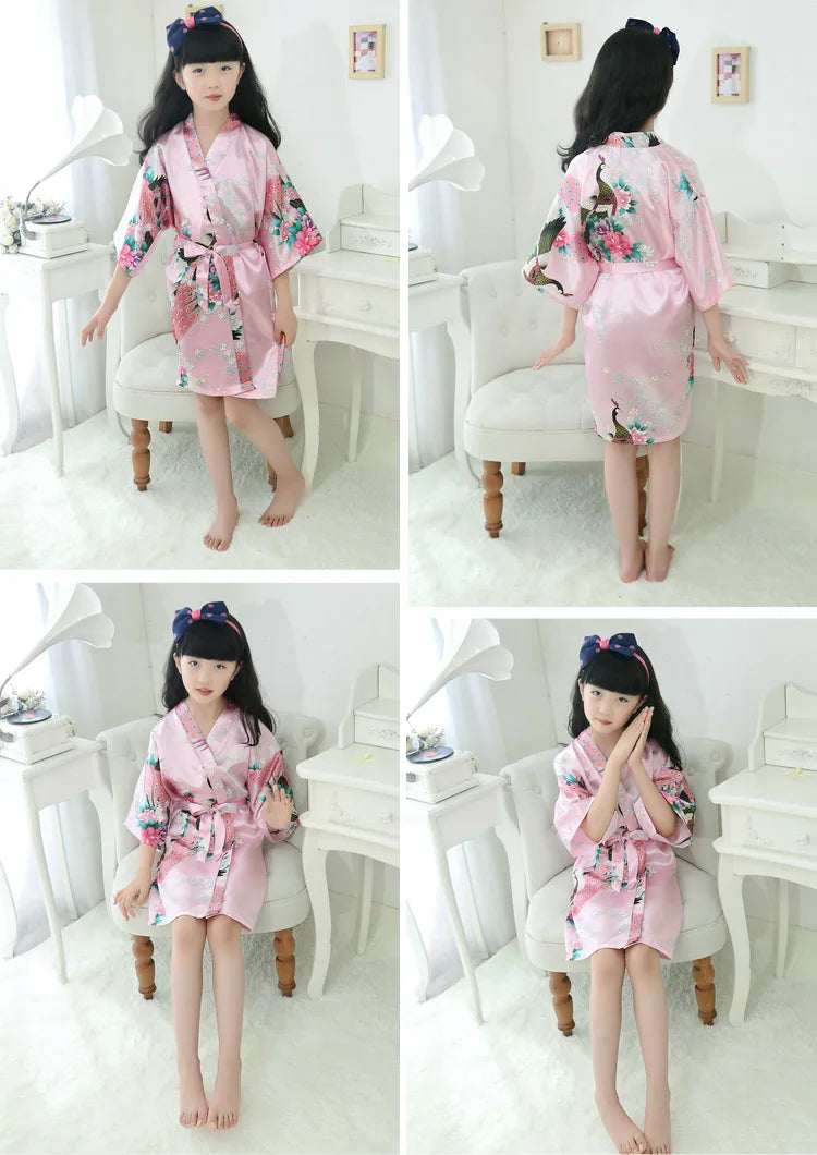 Satin Yukata Short Sleepwear Child Bathrobe Girl Peacock Print Japanese Kimono Loose Summer Spring New Loungewear Nightwear