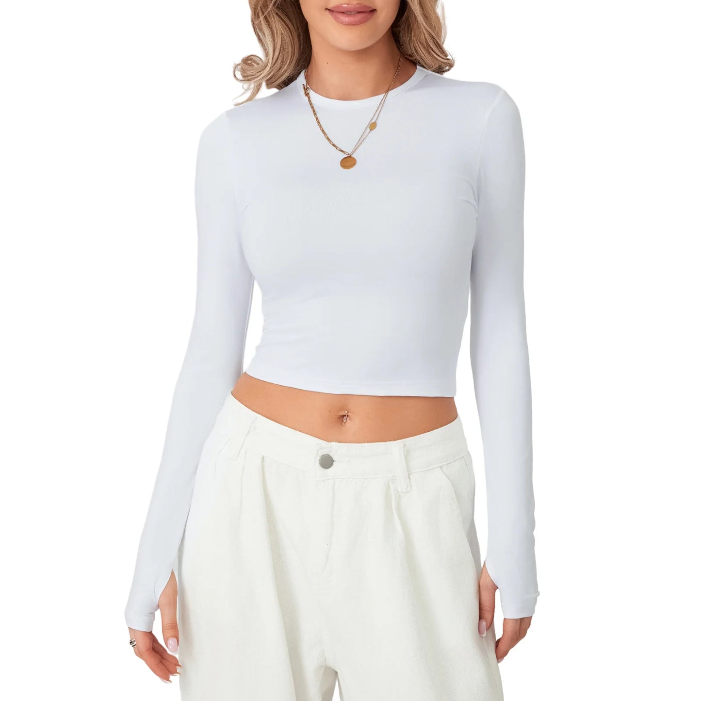 Women Long Sleeve Crew Neck Solid Slim Fit Basic Crop Top Spring Autumn Street Basic T-shirt with Thumb Holes