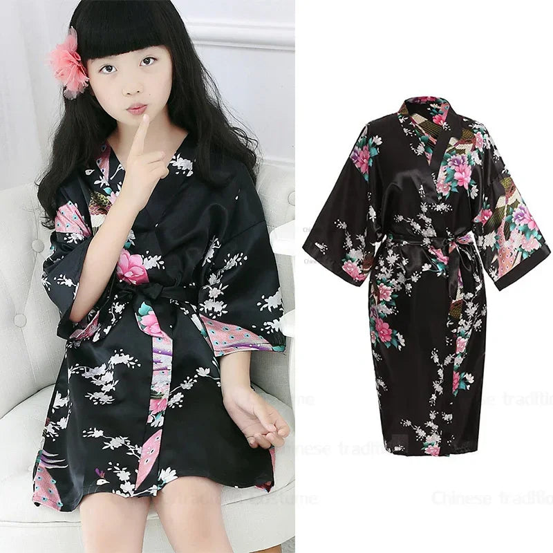Satin Yukata Short Sleepwear Child Bathrobe Girl Peacock Print Japanese Kimono Loose Summer Spring New Loungewear Nightwear