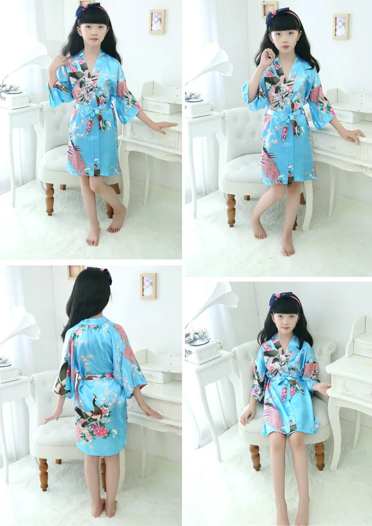 Satin Yukata Short Sleepwear Child Bathrobe Girl Peacock Print Japanese Kimono Loose Summer Spring New Loungewear Nightwear