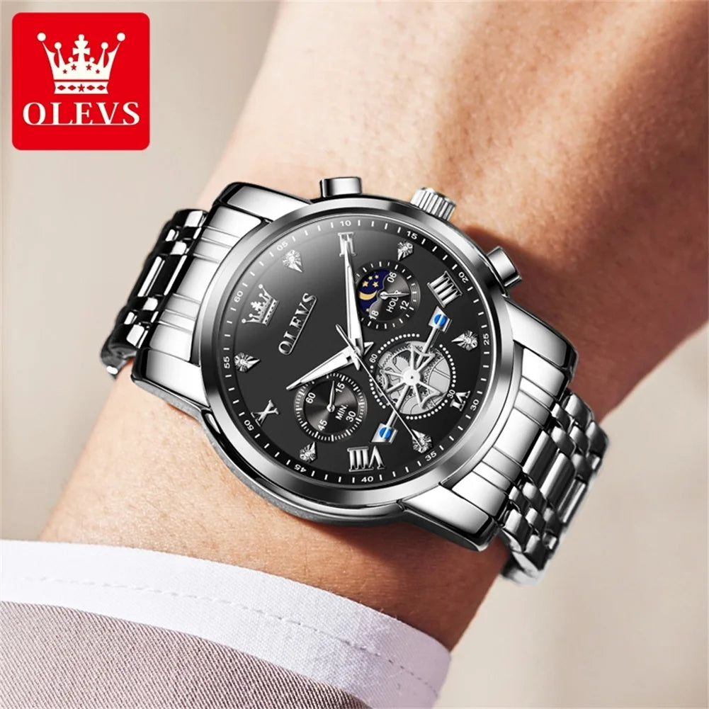 OLEVS Men's Watches Trend Fashion Stainless Steel Flywheel Chronograph Moon Phase Waterproof Original Brand Quartz Watch for Man