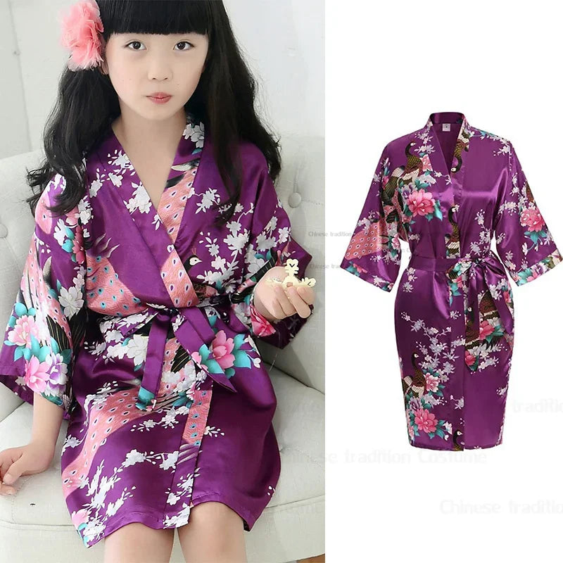 Satin Yukata Short Sleepwear Child Bathrobe Girl Peacock Print Japanese Kimono Loose Summer Spring New Loungewear Nightwear
