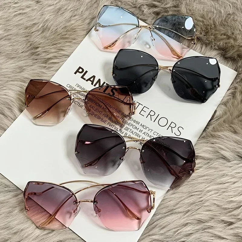 Irregular Round Sunglases Women Brand Designer Gradient Fashion Sun Glasses Female Rimless Metal Curved Temples Oculos De Sol