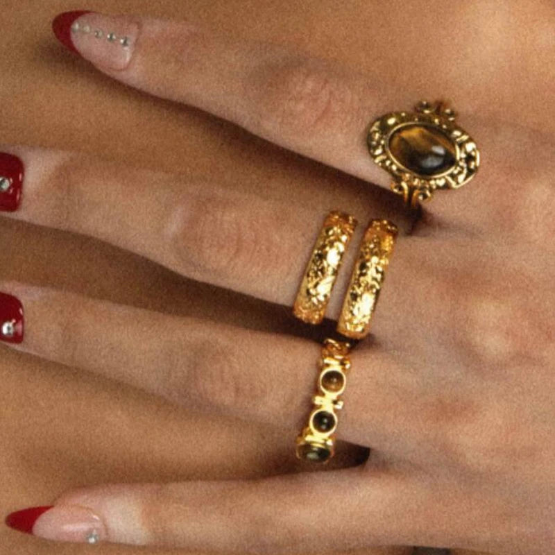 6Pcs Irregular Textured Ring Set For Women Gold Plated Tiger Eye Inlaid Vintage Carved Wave Finger Rings Party Jewelry Gift 2026