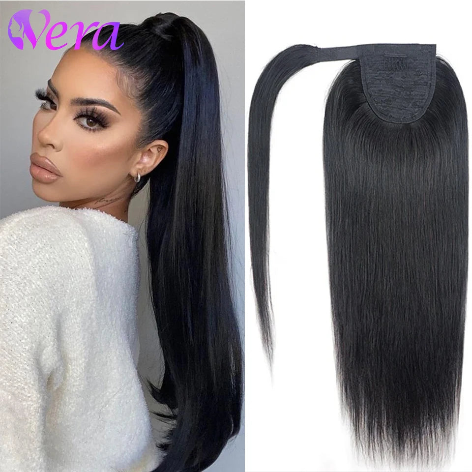 Ponytail Extension Human Hair #1B Natural Black 100% Remy Human Hair Ponytail Extension Straight Wrap Around Ponytails Hairpiece