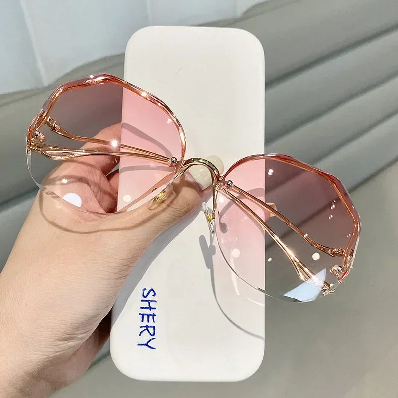 Irregular Round Sunglases Women Brand Designer Gradient Fashion Sun Glasses Female Rimless Metal Curved Temples Oculos De Sol