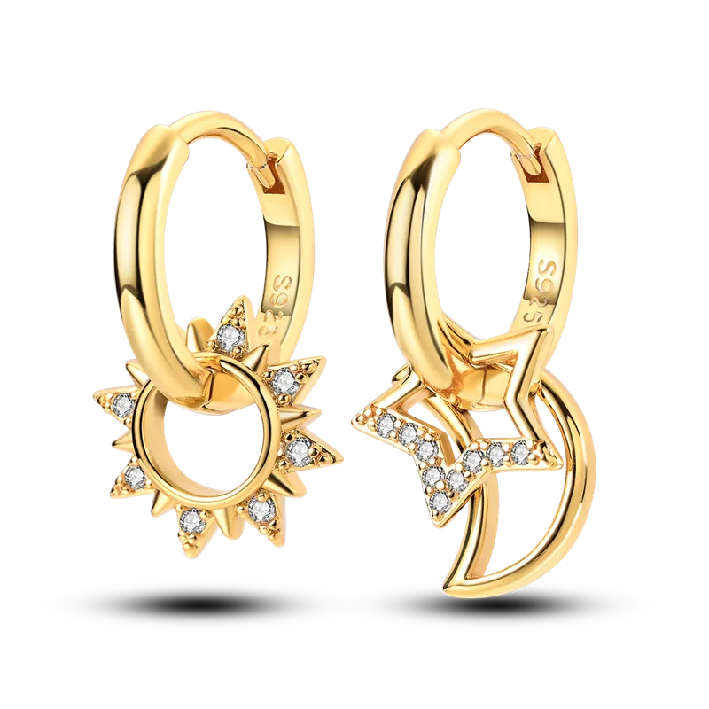 925 Sterling Silver Golden Earring Women 2026 CZ Zircon Hoop Ear Studs Sparkling Pave Moon Star Earring Wedding Anniversary Gift
