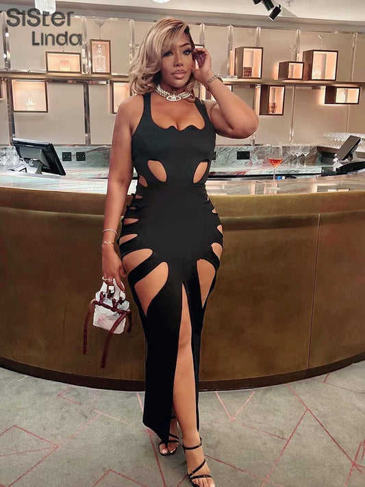 Sisterlinda Sexy Hollow Elegant Midi Dress Women 2023 Summer Sleeveless Hipster Side Split Bodycon Party Clubwear Vestidos Mujer