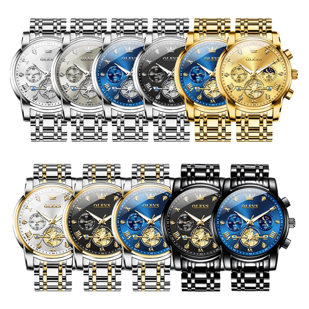OLEVS Men's Watches Trend Fashion Stainless Steel Flywheel Chronograph Moon Phase Waterproof Original Brand Quartz Watch for Man