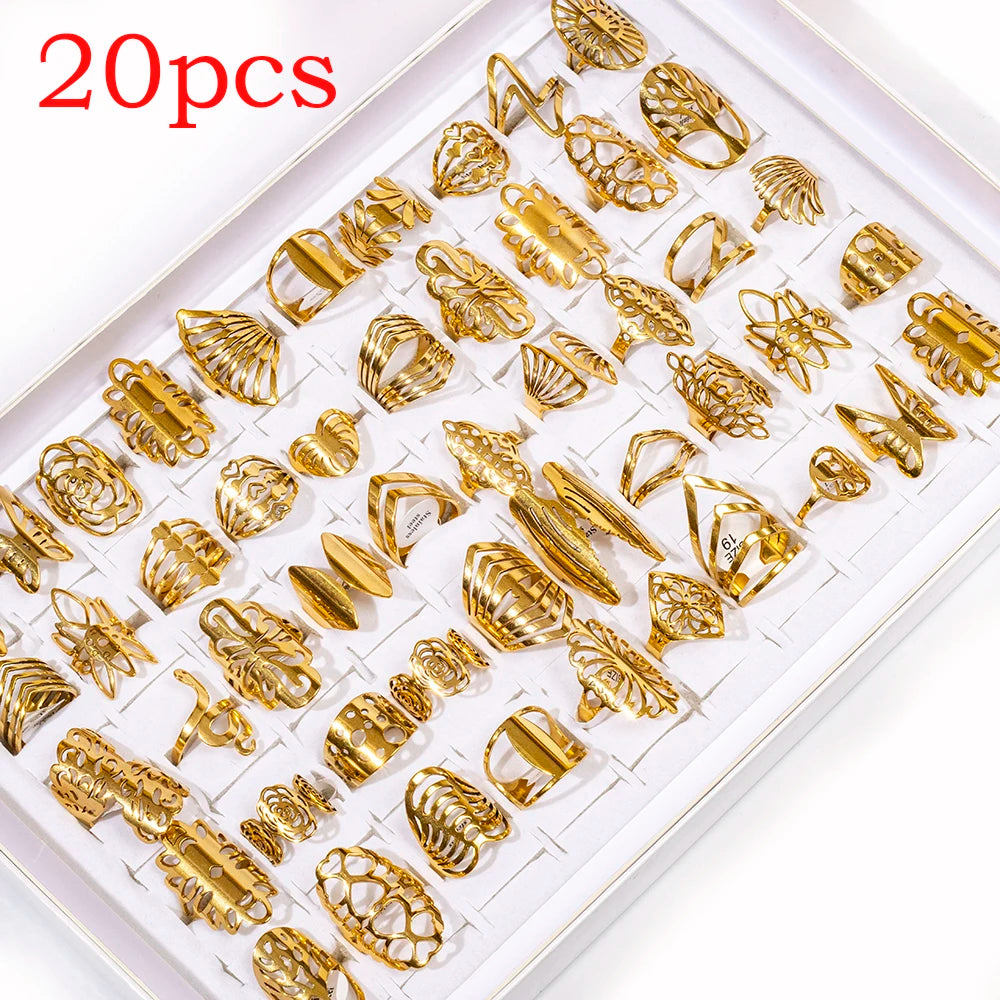20pcs/lot Women's Fashion Stainless Steel Big And Small Hollow Cut Jewelry Rings Mix Love Flower Heart Style For Party Gift