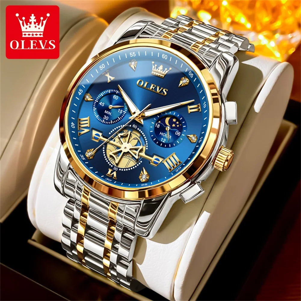 OLEVS Men's Watches Trend Fashion Stainless Steel Flywheel Chronograph Moon Phase Waterproof Original Brand Quartz Watch for Man
