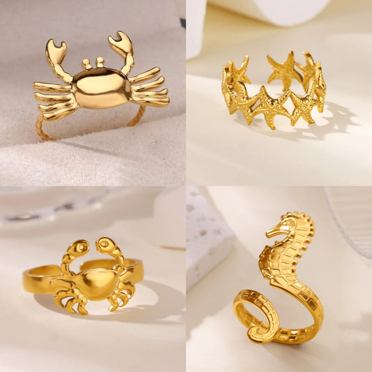 2025 Gold Color Turtle Opening Ring For Women Trend Stainless Steel Waterproof Starfish Bague Elegant Jewelry Christmas Gifts