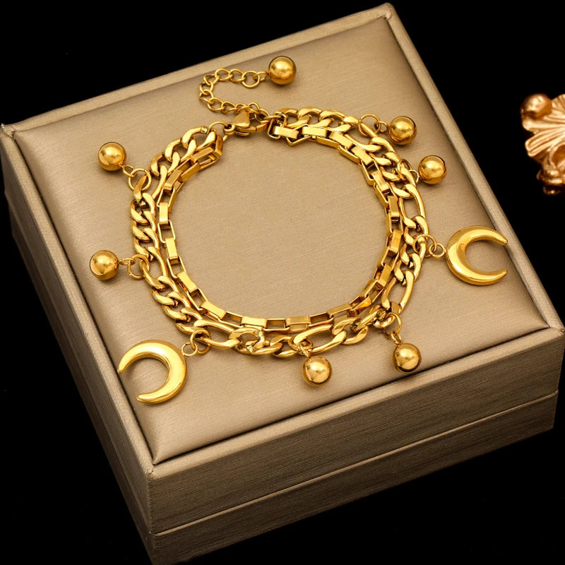 EILIECK 316L Stainless Steel Gold Color Starfish Moon Star Charm Bracelet For Women New Trendy Wrist Chain Jewelry Gift Party