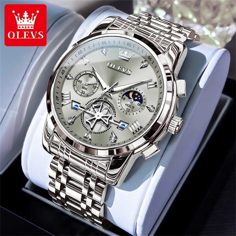 OLEVS Men's Watches Trend Fashion Stainless Steel Flywheel Chronograph Moon Phase Waterproof Original Brand Quartz Watch for Man