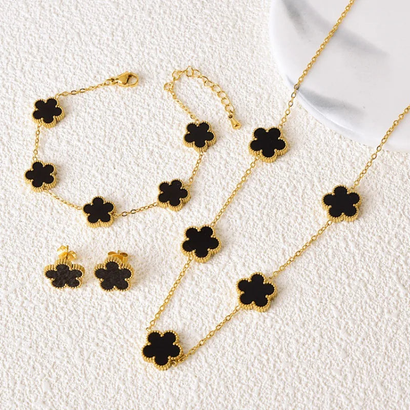 Five Flower Pattern Bracelet Necklace Earrings 18K Gold Plated Stainless Steel Adjustable For Women Daily Wear Jewelry Clover