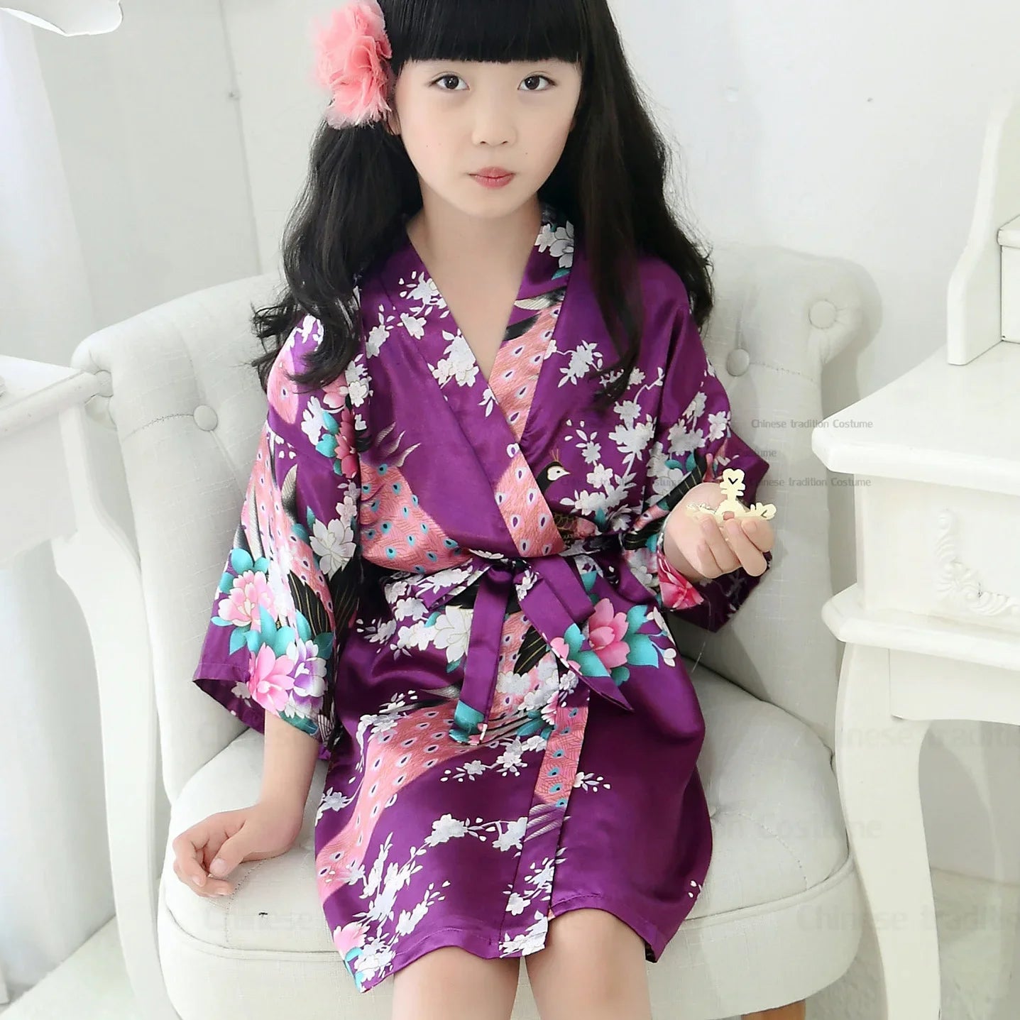 Satin Yukata Short Sleepwear Child Bathrobe Girl Peacock Print Japanese Kimono Loose Summer Spring New Loungewear Nightwear