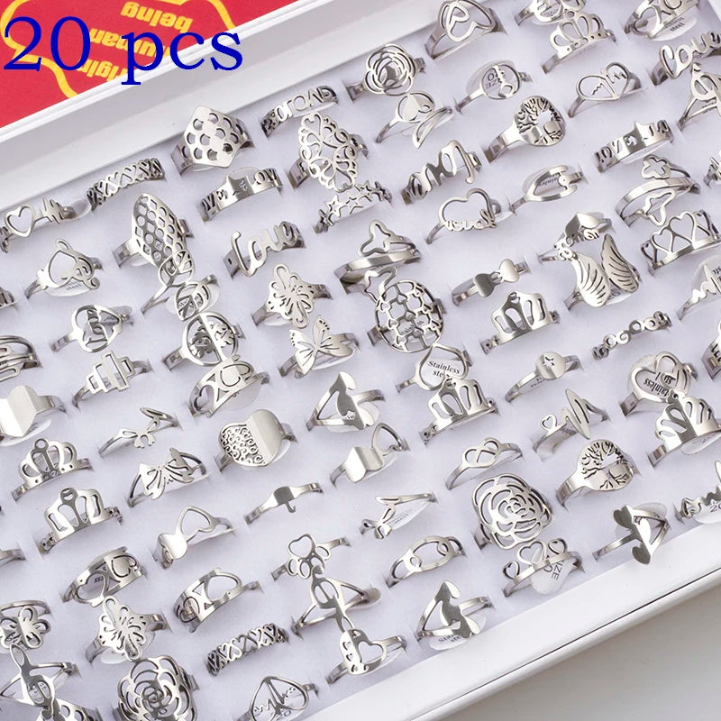 20pcs/lot Women's Fashion Stainless Steel Big And Small Hollow Cut Jewelry Rings Mix Love Flower Heart Style For Party Gift