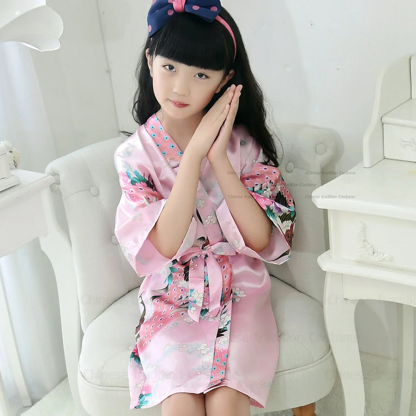 Satin Yukata Short Sleepwear Child Bathrobe Girl Peacock Print Japanese Kimono Loose Summer Spring New Loungewear Nightwear