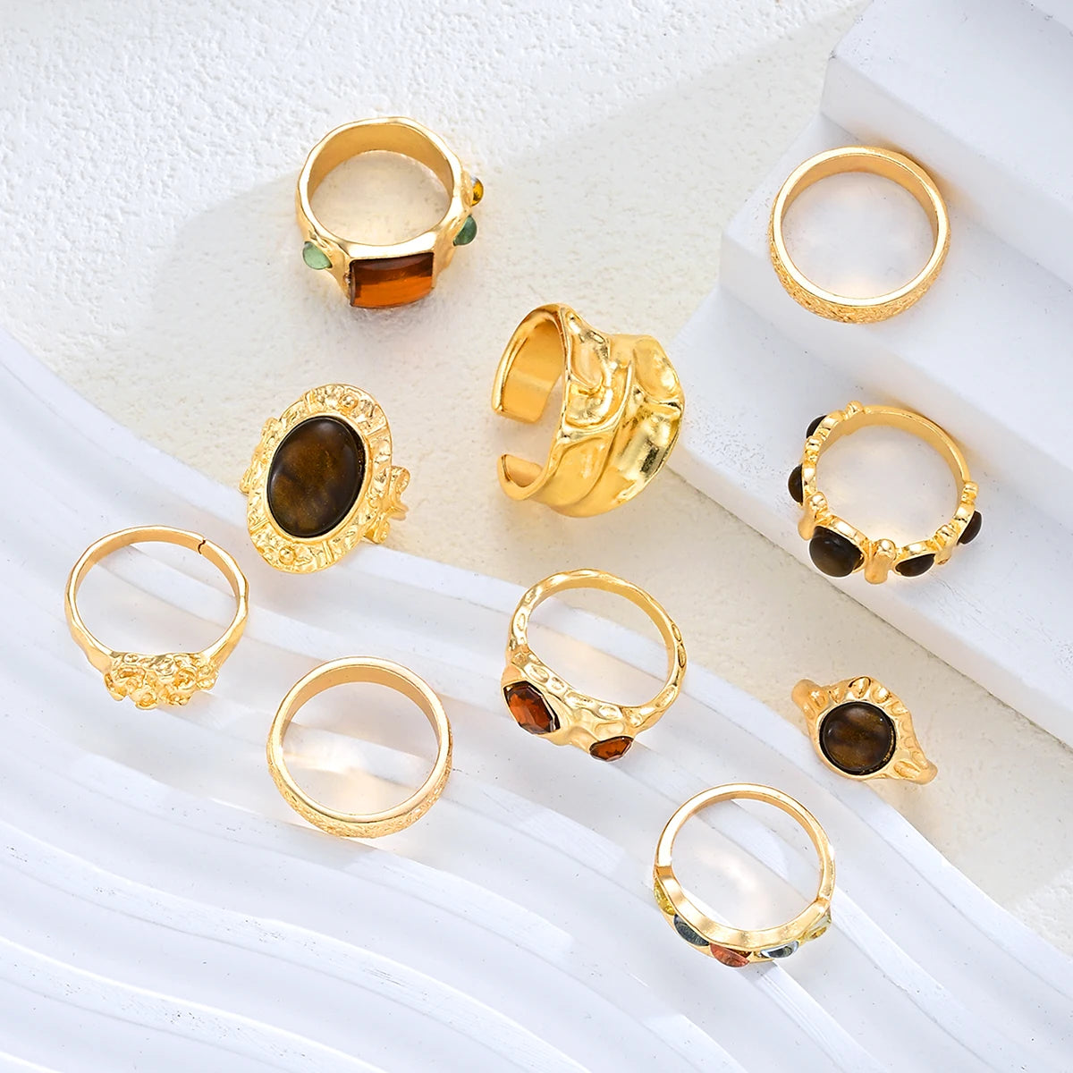 6Pcs Irregular Textured Ring Set For Women Gold Plated Tiger Eye Inlaid Vintage Carved Wave Finger Rings Party Jewelry Gift 2026