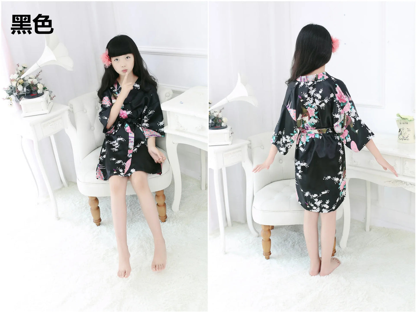 Satin Yukata Short Sleepwear Child Bathrobe Girl Peacock Print Japanese Kimono Loose Summer Spring New Loungewear Nightwear