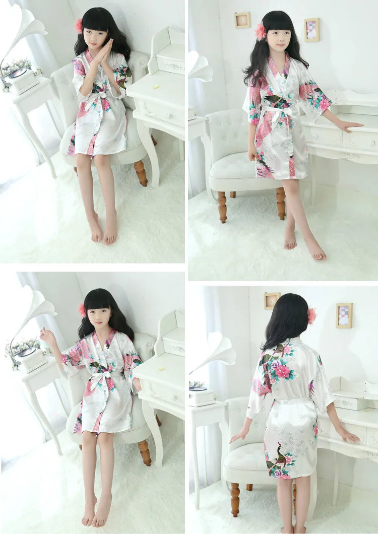 Satin Yukata Short Sleepwear Child Bathrobe Girl Peacock Print Japanese Kimono Loose Summer Spring New Loungewear Nightwear