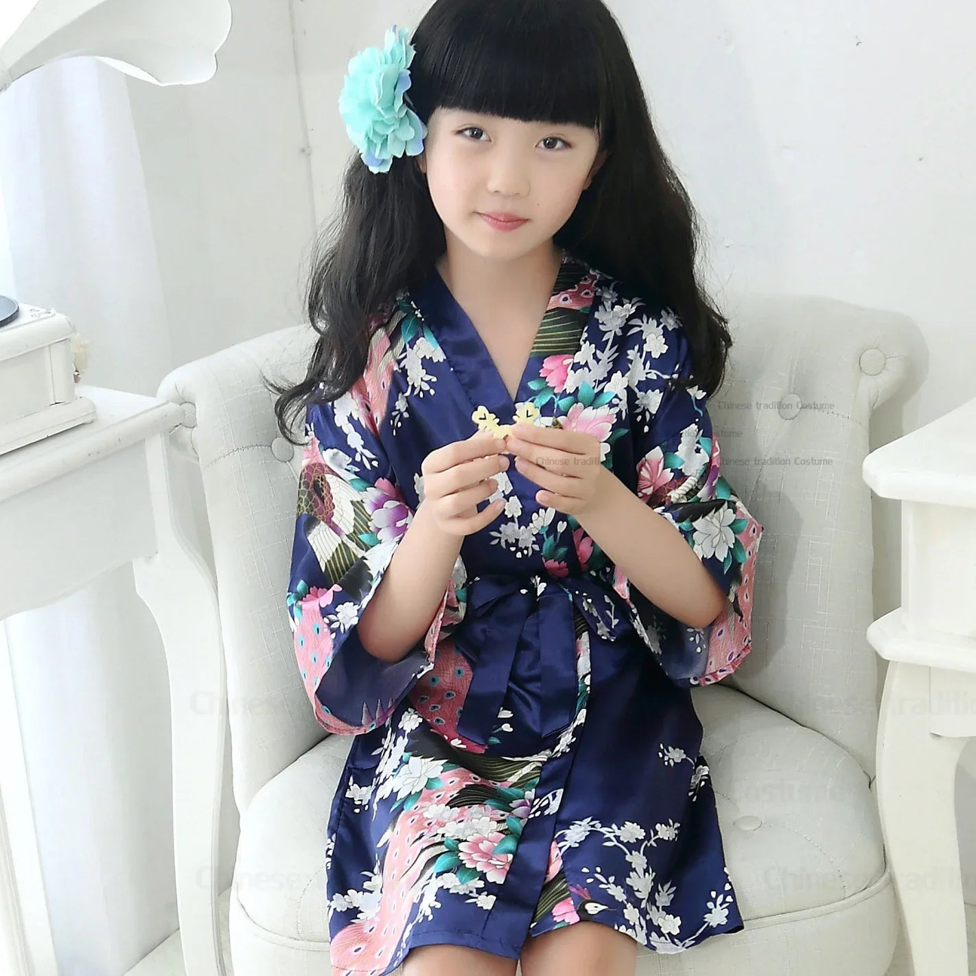 Satin Yukata Short Sleepwear Child Bathrobe Girl Peacock Print Japanese Kimono Loose Summer Spring New Loungewear Nightwear