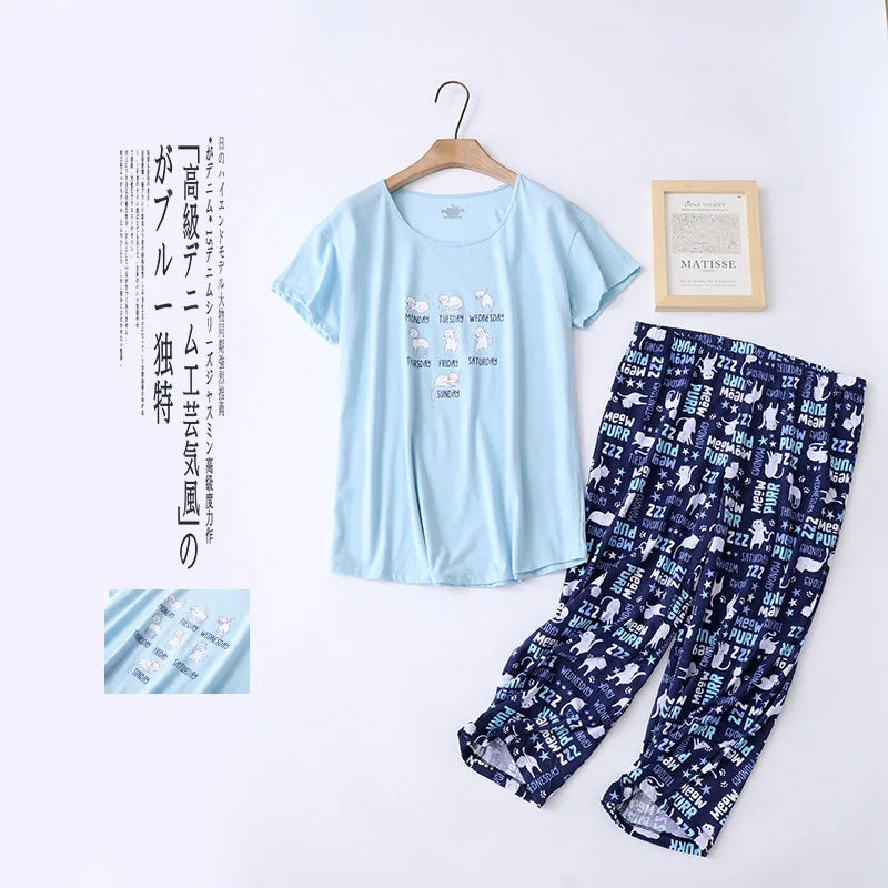 Pajama Sets for Women Summer Short Sleeve Plus Size Lightweight Sleepwear Suit Cute Fresh Homewear 2pcs Suits