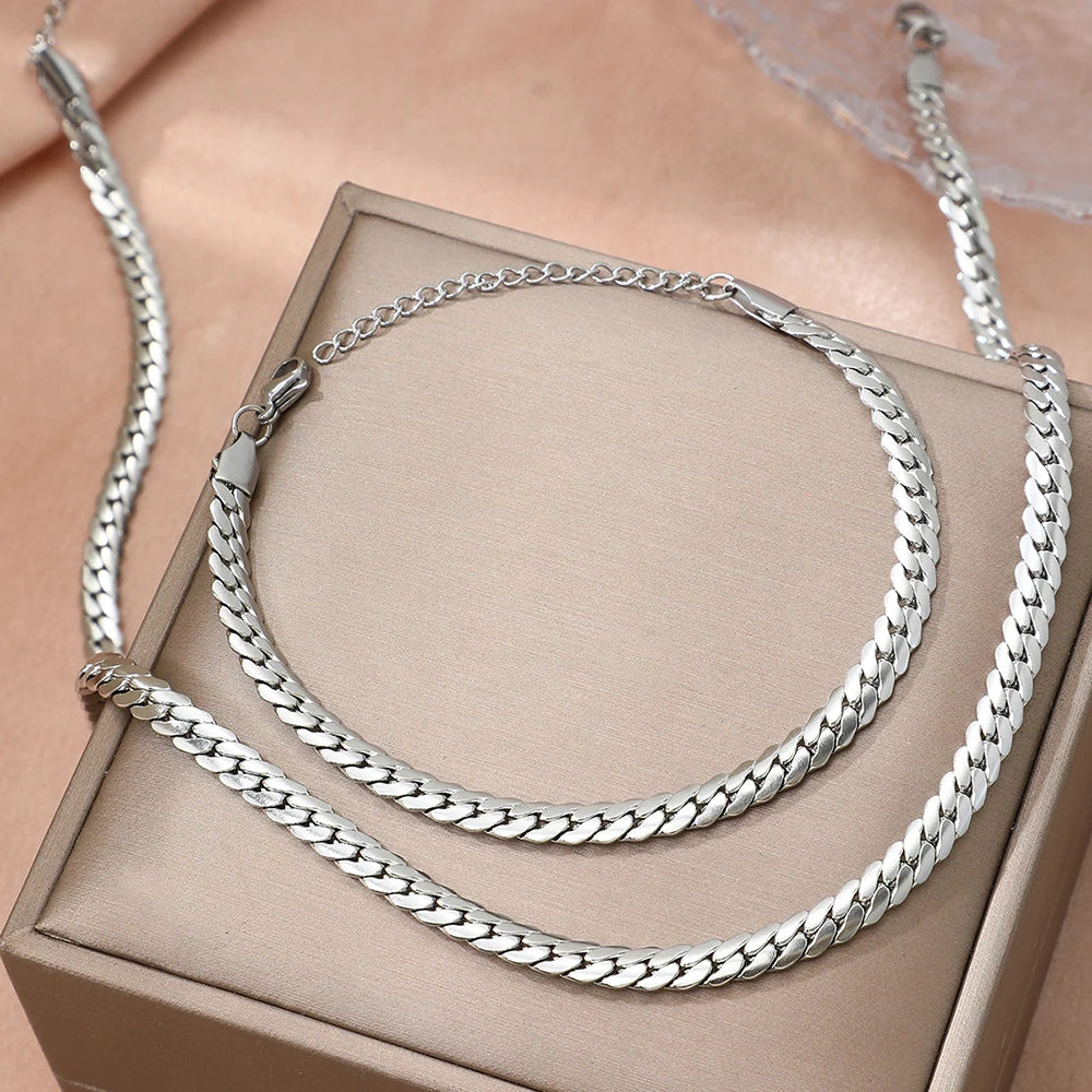 Aomogo Stainless Steel Simple Flat Cuban Chain Bracelet Necklace Jewelry Set 18k Gold Plated Fashion Thick Chain Fashion Jewelry