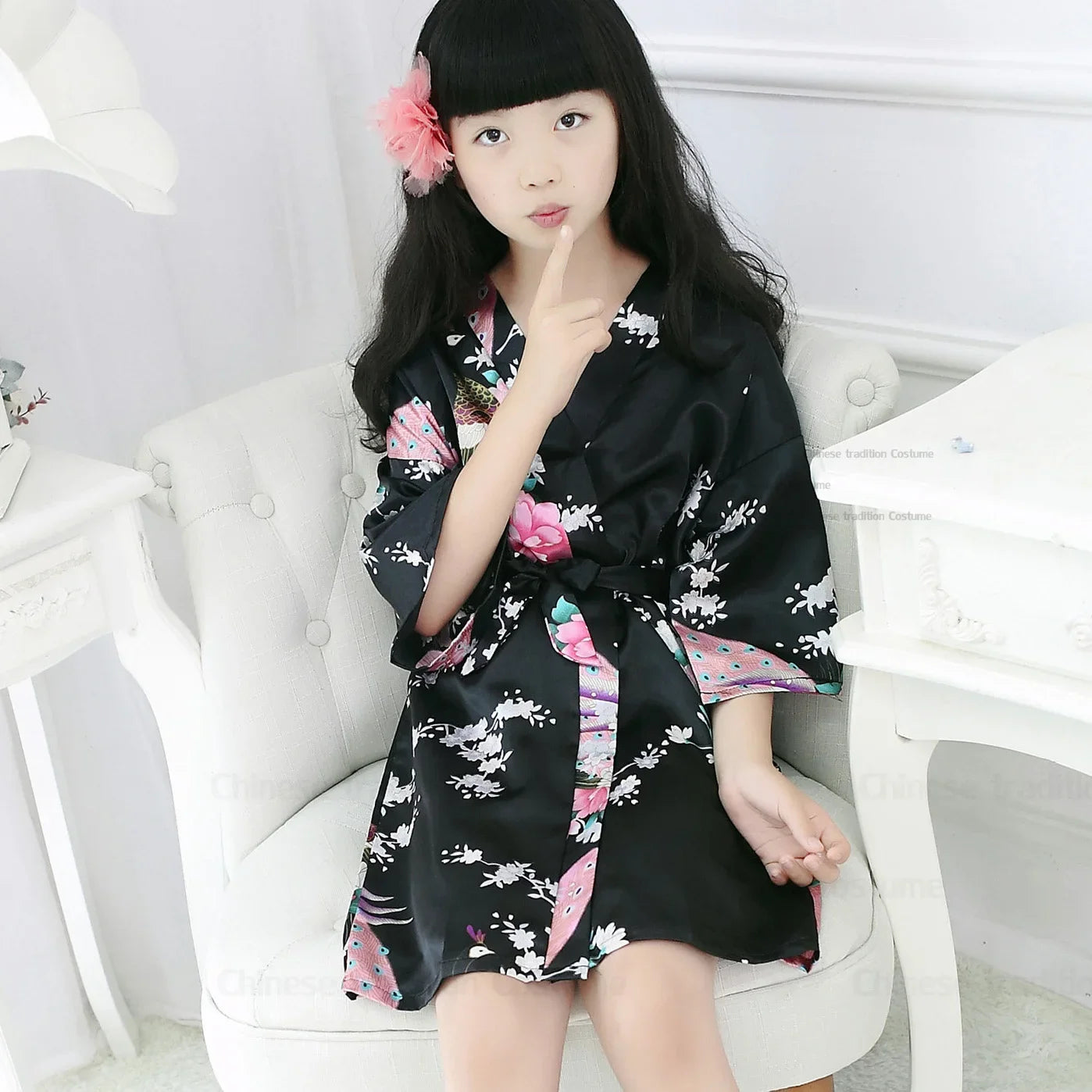 Satin Yukata Short Sleepwear Child Bathrobe Girl Peacock Print Japanese Kimono Loose Summer Spring New Loungewear Nightwear