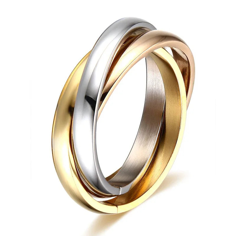 Stainless Steel Interlocked Triple Ring for Women Multi Color Wedding Band Bague Three in One