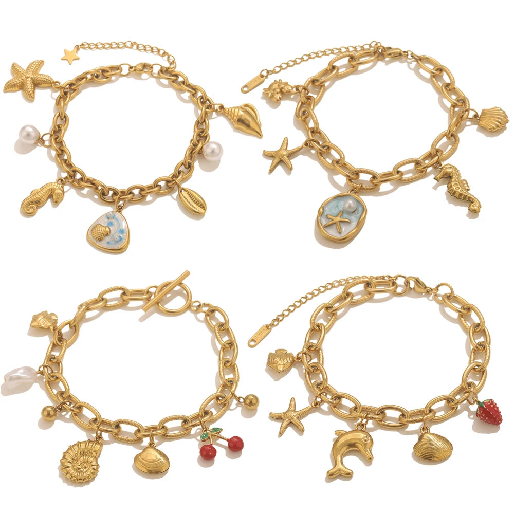 GIOIO Stainless Steel Starfish Seashell Bracelet Gold-Plated Pendant Bracelets For Women Jewelry Waterproof Trendy Jewelry Gift