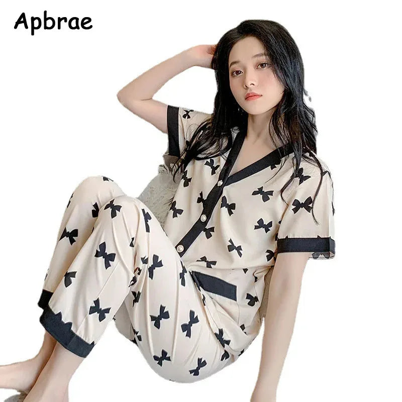 Korean Pajamas Set for Women Summer Spring Kimono Sleepwear Girls Fashion Cute Ladies Pyjama Bow Pijamas Japanese Loungewear