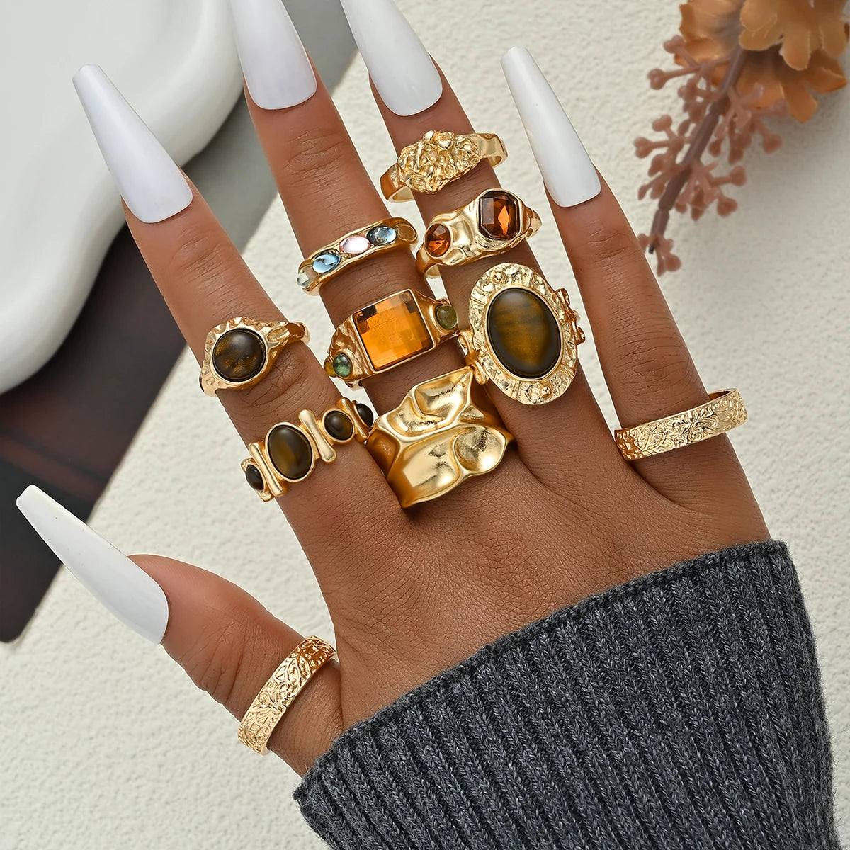 6Pcs Irregular Textured Ring Set For Women Gold Plated Tiger Eye Inlaid Vintage Carved Wave Finger Rings Party Jewelry Gift 2026