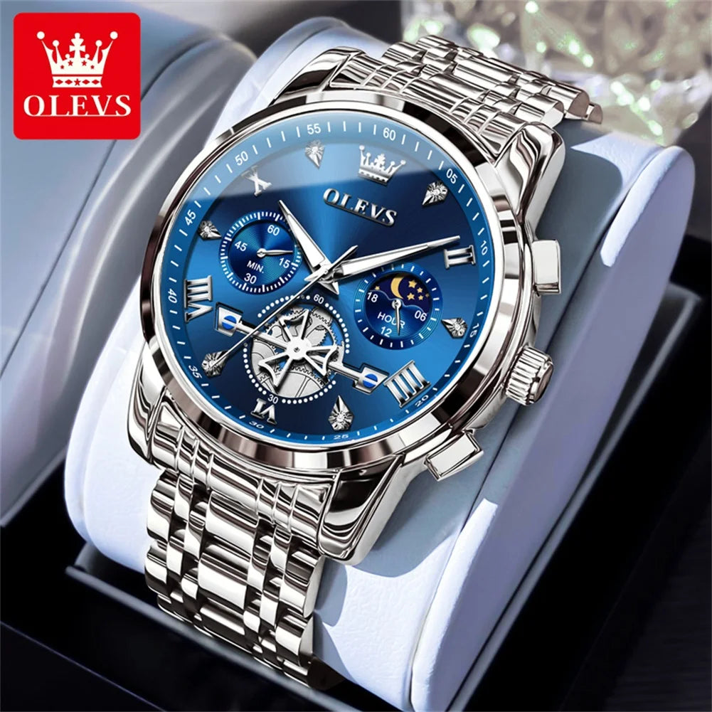 OLEVS Men's Watches Trend Fashion Stainless Steel Flywheel Chronograph Moon Phase Waterproof Original Brand Quartz Watch for Man