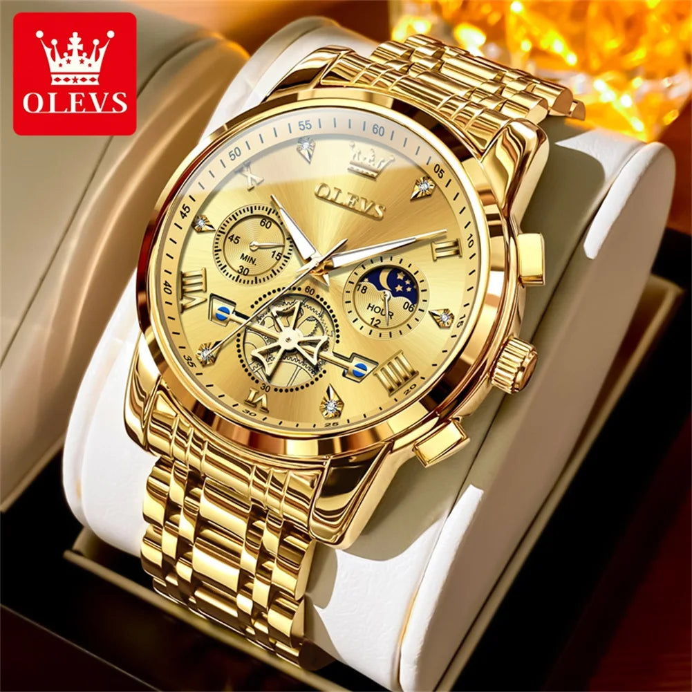 OLEVS Men's Watches Trend Fashion Stainless Steel Flywheel Chronograph Moon Phase Waterproof Original Brand Quartz Watch for Man