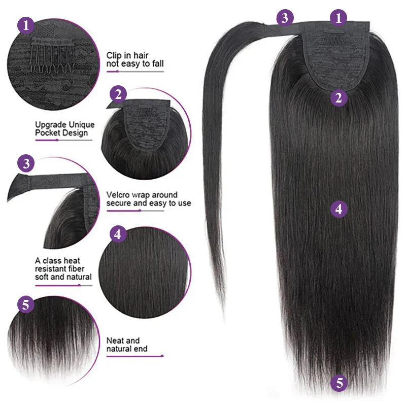Ponytail Extension Human Hair #1B Natural Black 100% Remy Human Hair Ponytail Extension Straight Wrap Around Ponytails Hairpiece