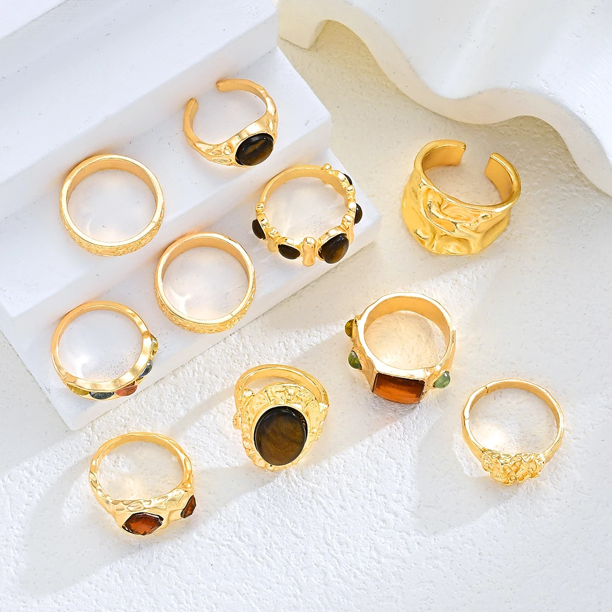 6Pcs Irregular Textured Ring Set For Women Gold Plated Tiger Eye Inlaid Vintage Carved Wave Finger Rings Party Jewelry Gift 2026